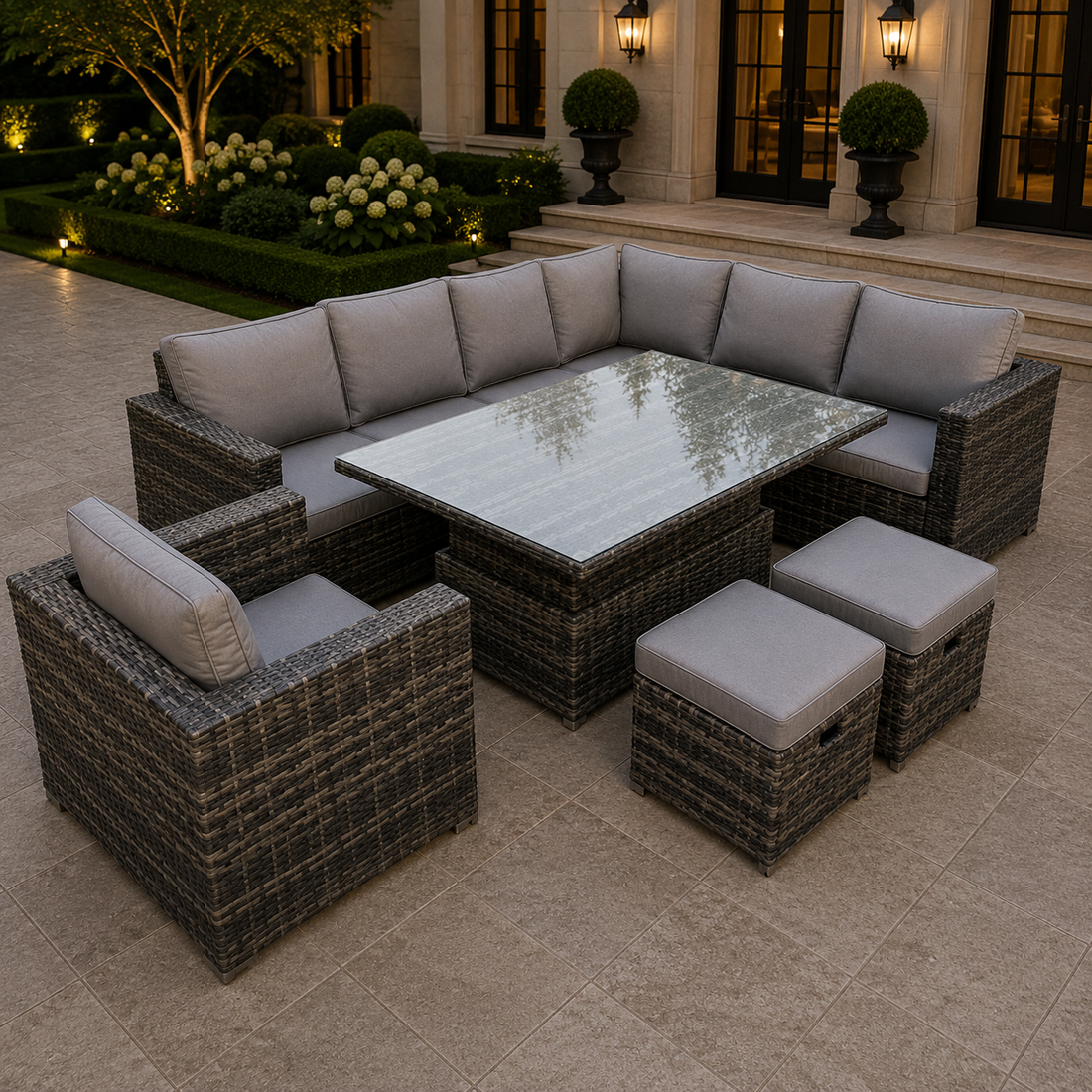 (extra 2 small footstools+1chair) rattan corner sofa set with adjustable dining table dark mixed grey