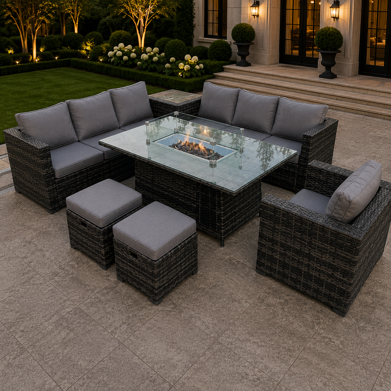 9 seater Outdoor Rattan Garden Corner Furniture Set Gas Fire Pit Table Sets Gas Heater Lounge Chair Small Footstool Dark Grey