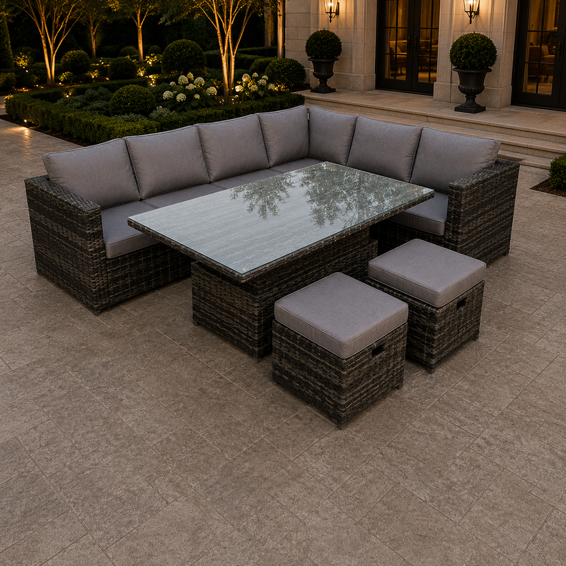 (extra 2 small footstools) rattan corner sofa set with adjustable dining table dark mixed grey