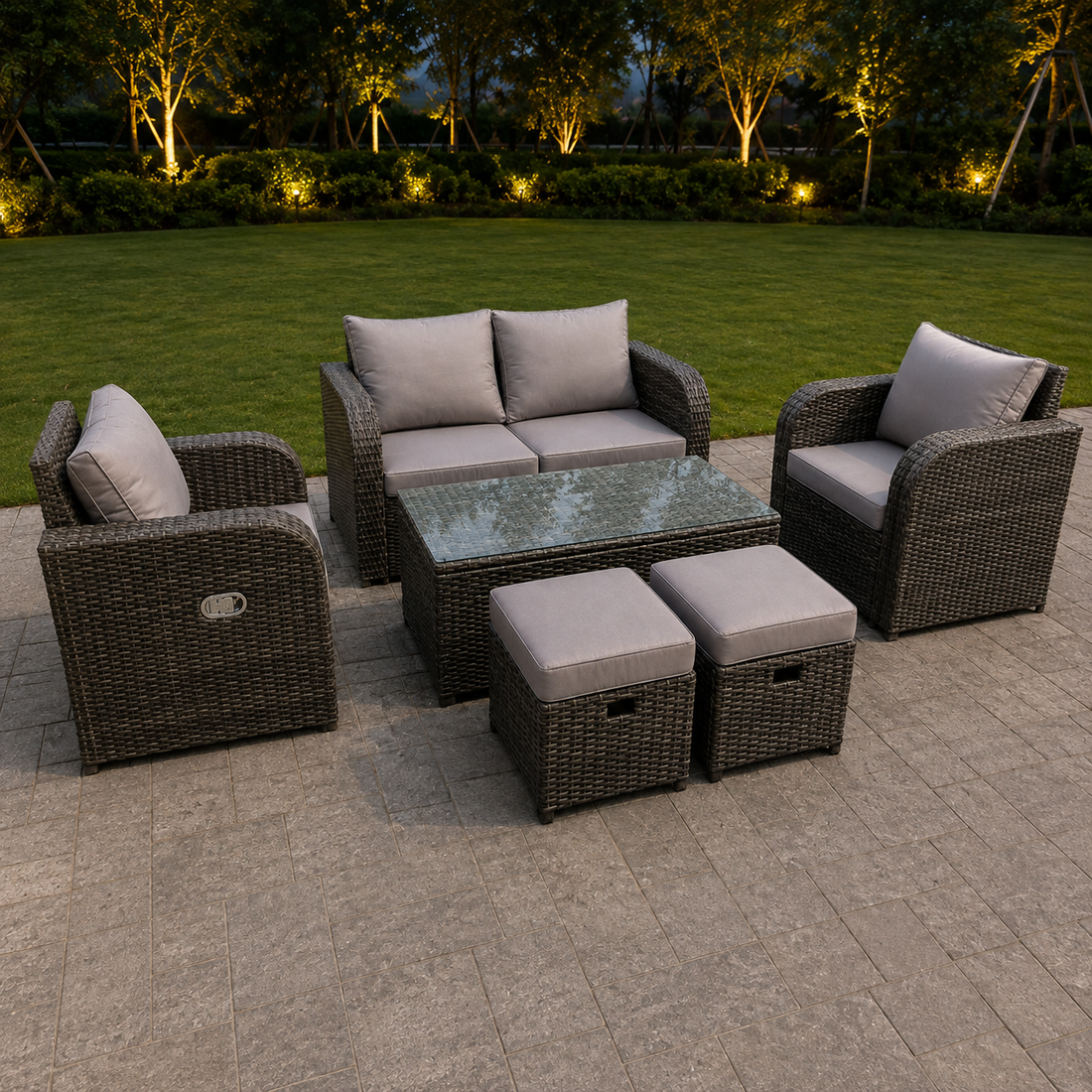 Dark Mixed Grey Rattan Outdoor Garden Furniture Oblong Coffee Table Sets Love Sofa Recling Chairs Small Footstools 6 Seater