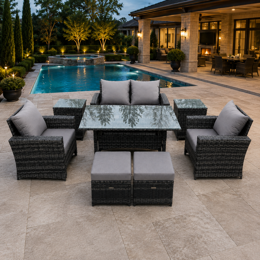 PE Wicker Outdoor Garden Furniture Set Patio Furniture Rattan Rectangular Dining Table Lounge Sofa with Side Table