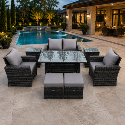 PE Wicker Outdoor Garden Furniture Set Patio Furniture Rattan Rectangular Dining Table Lounge Sofa with Side Table