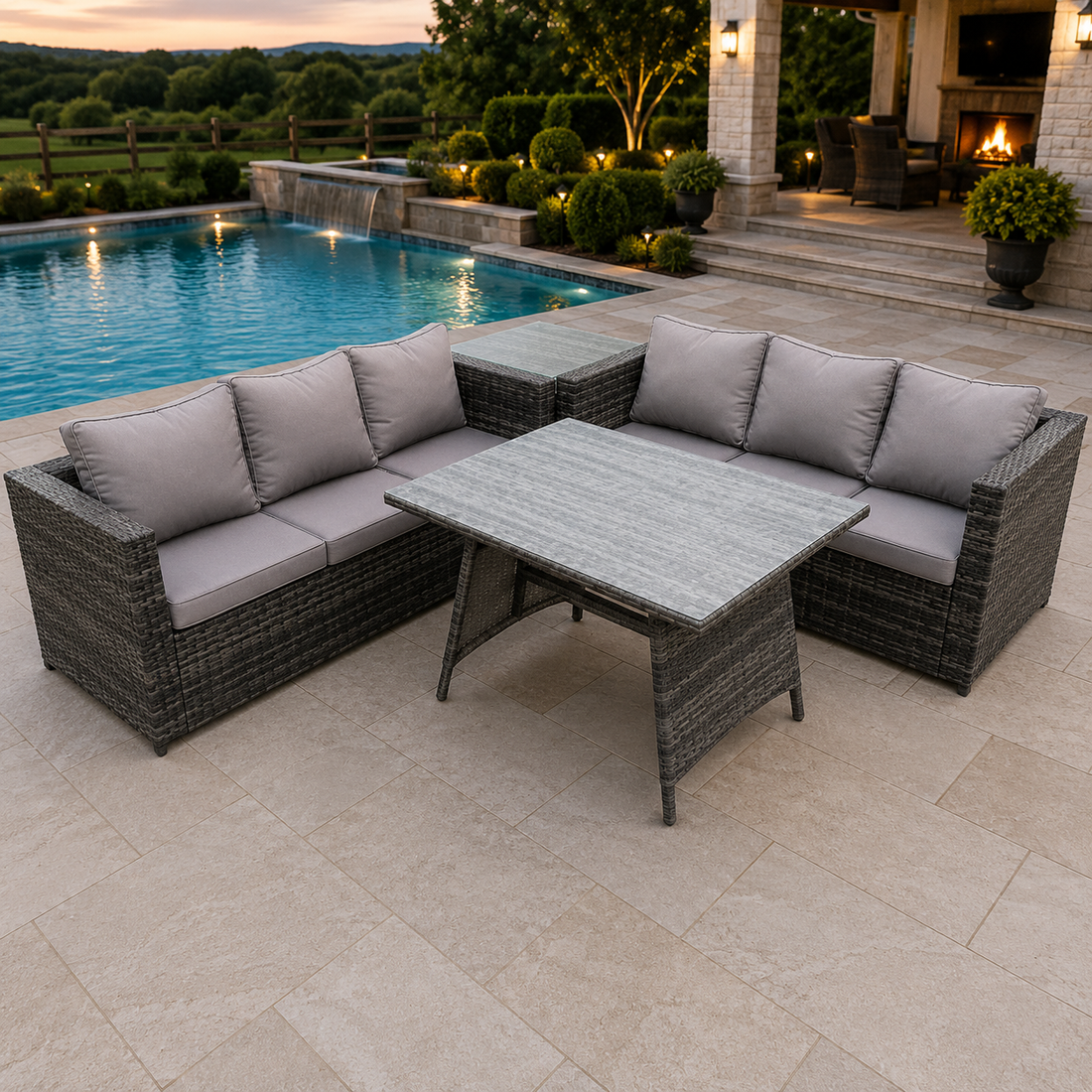 6 Seater Wicker PE Rattan Garden Dining Set Outdoor Furniture Sofa with Side Table Dining Table Dark Grey Mixed