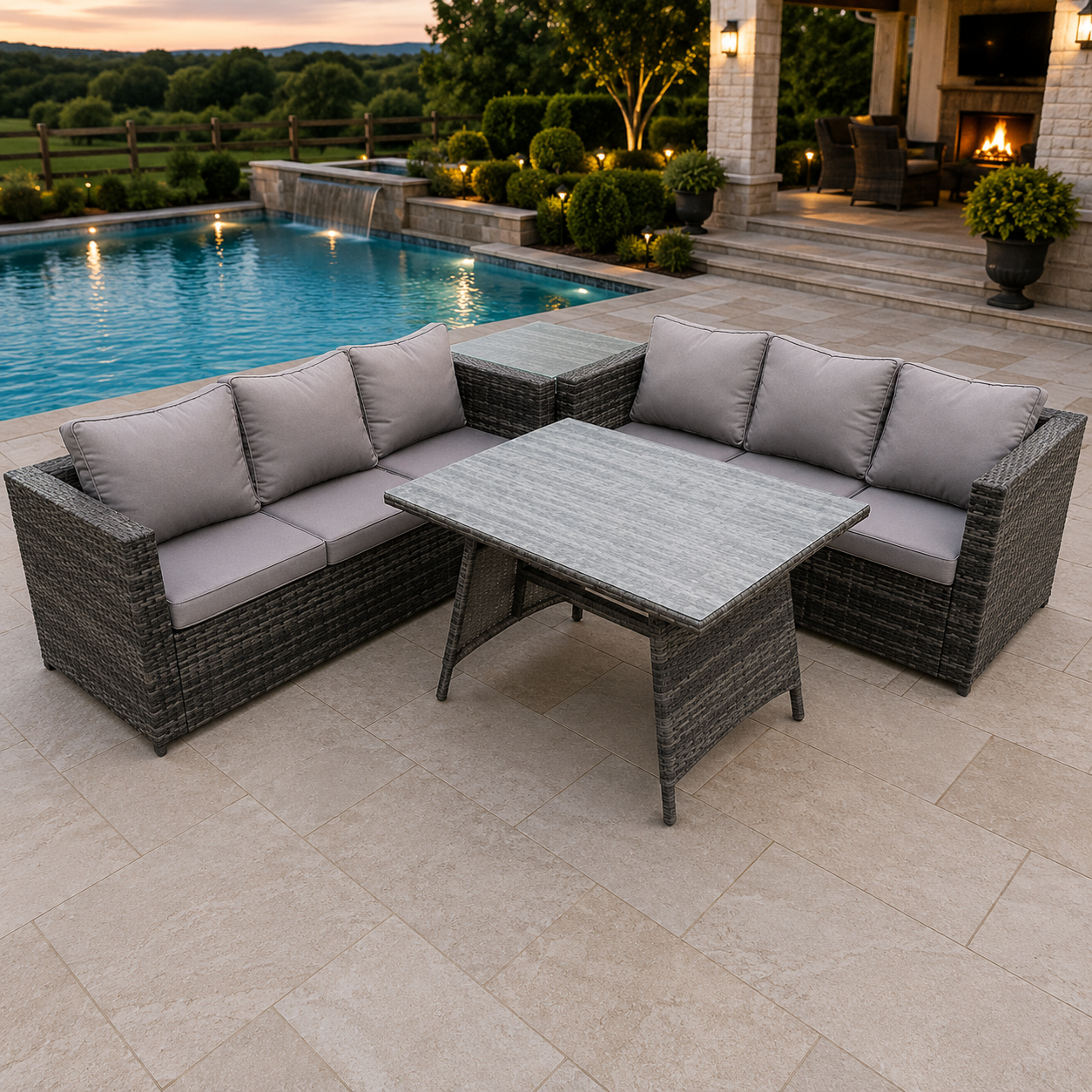 6 Seater Wicker PE Rattan Garden Dining Set Outdoor Furniture Sofa with Side Table Dining Table Dark Grey Mixed