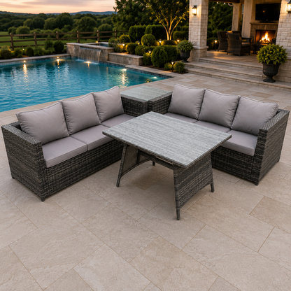 6 Seater Wicker PE Rattan Garden Dining Set Outdoor Furniture Sofa with Side Table Dining Table Dark Grey Mixed