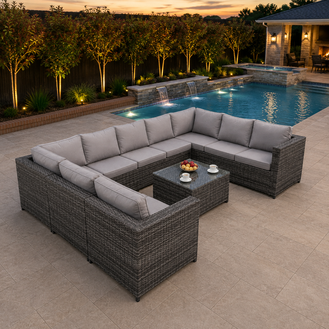 Patio 9 Seater U Shape Rattan Sofa Set Patio Outdoor Garden Furniture With 3 Coffee Table Dark Grey Mixed