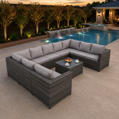 Patio 9 Seater U Shape Rattan Sofa Set Patio Outdoor Garden Furniture With 3 Coffee Table Dark Grey Mixed