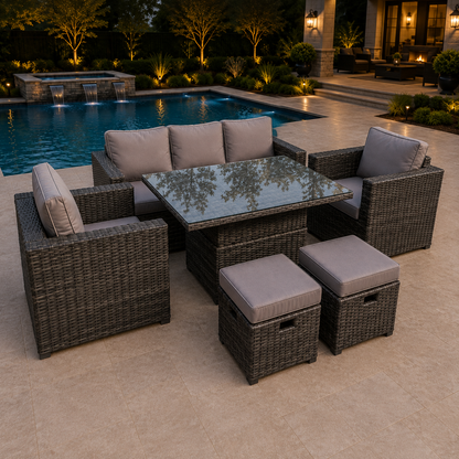 (with footstools and side table) 5 seater mixed rattan furniture dining sofa set with adjustable table /foostools