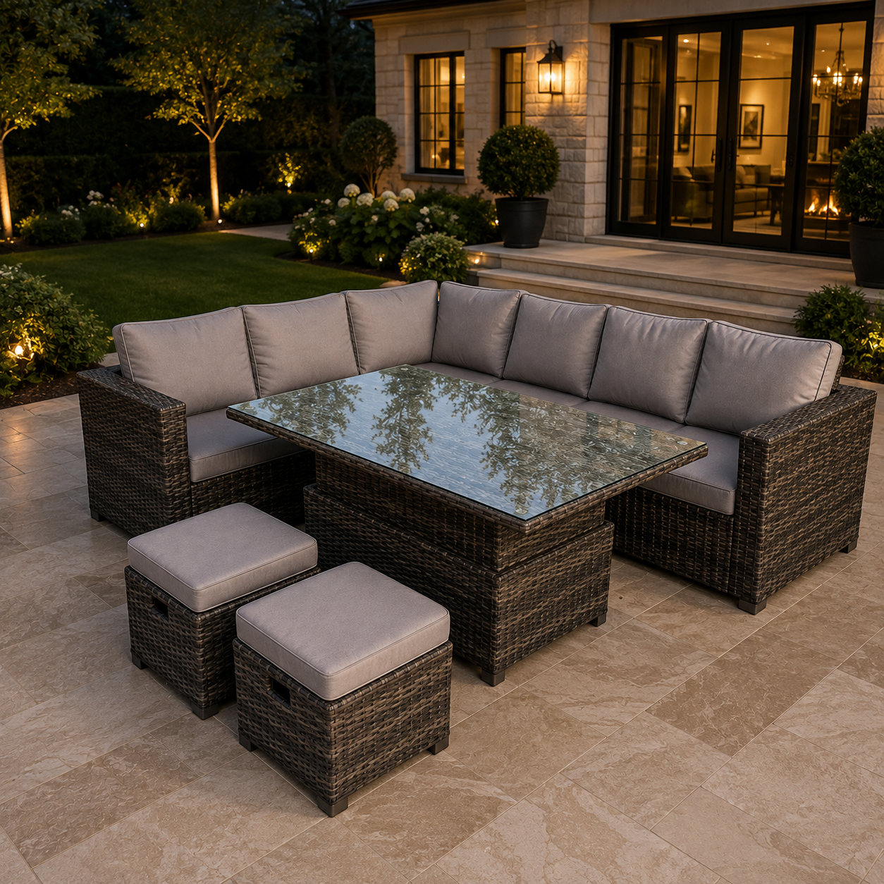 (extra 2 small footstools) rattan corner sofa set with lift table dark mixed grey
