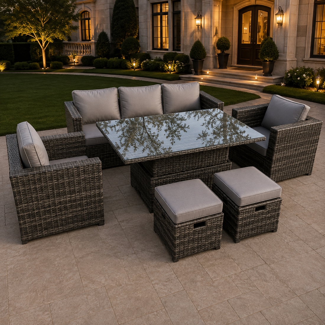 Rattan Garden Furniture Sets Rising Table Footstool Conservatory Dark Grey Mix