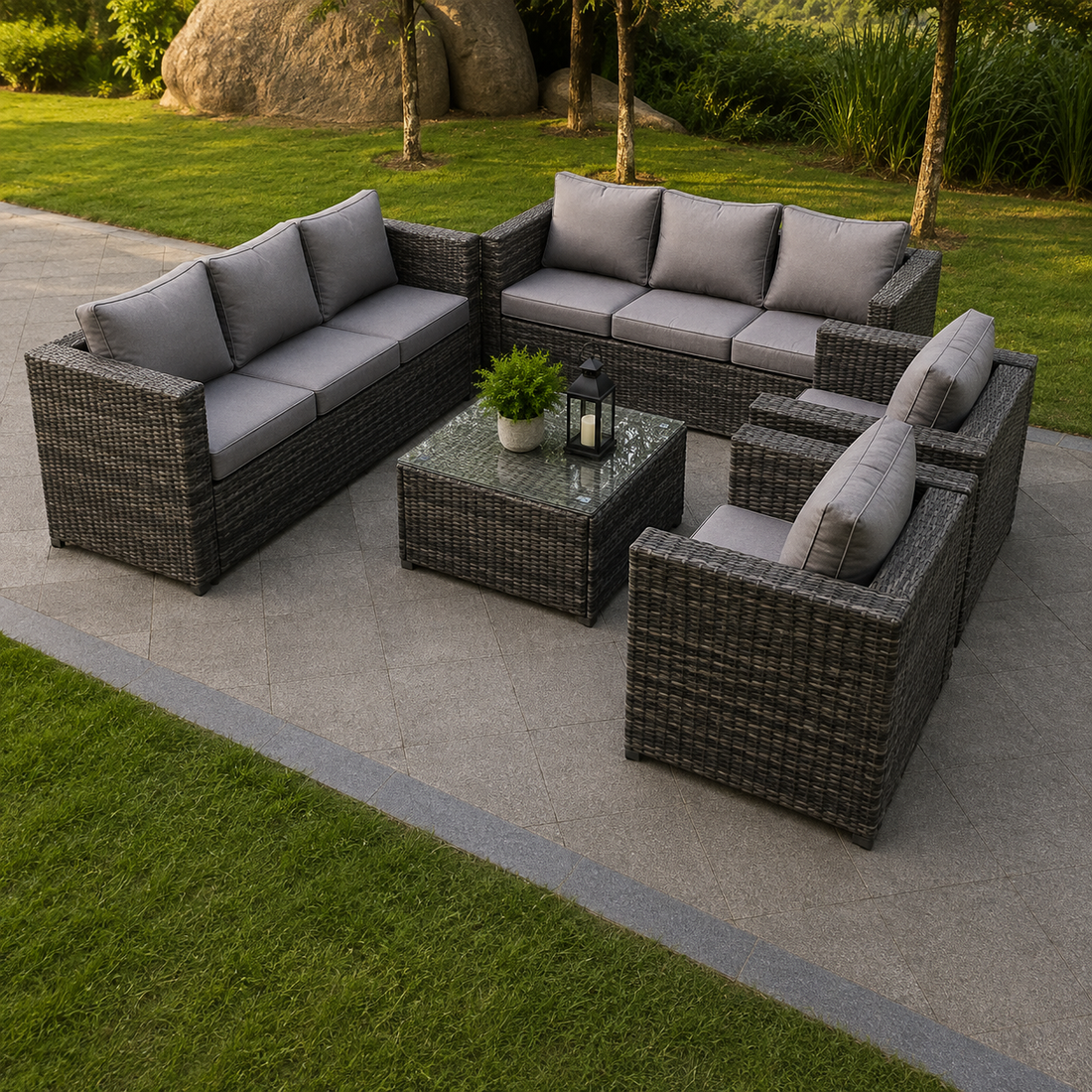 RATTAN SOFA INDOOR OUTDOOR GARDEN FURNITURE CHAIR TABLE SET 8 SEAT IN GREY