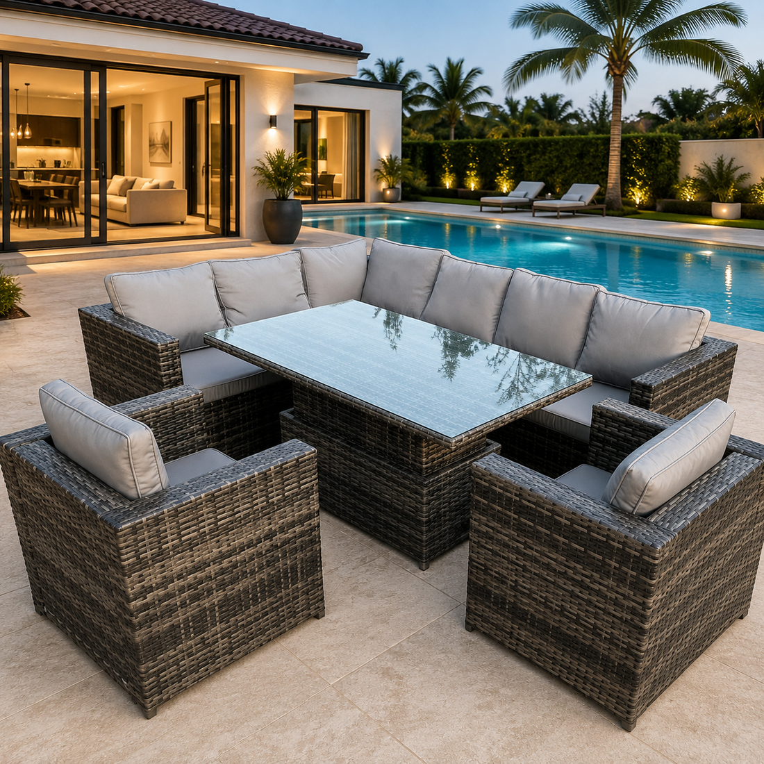 8 Seater Rattan Garden Furniture Set Rising Adjustable Uplift Dining Table 2 Option