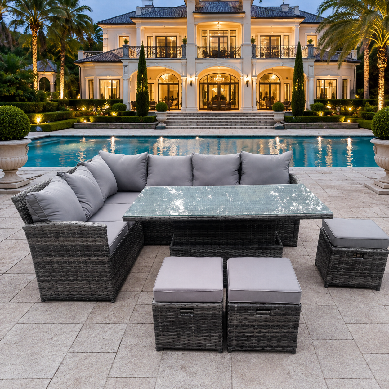 High Back Corner Rattan Garden Furniture Sofa Rising Dining Table Height Adjustable 9 Seater 3 Small Foot Stools