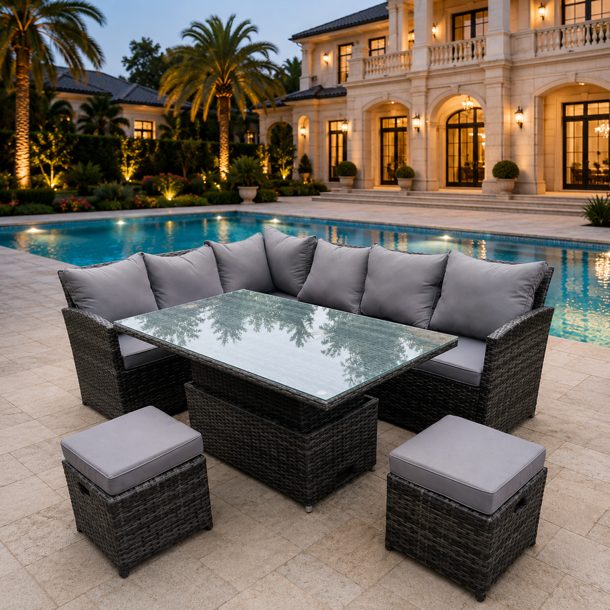 High Back Corner Rattan Garden Furniture Sofa Dining Rising Table Height Adjustable 8 Seater 2 Small Foot Stools