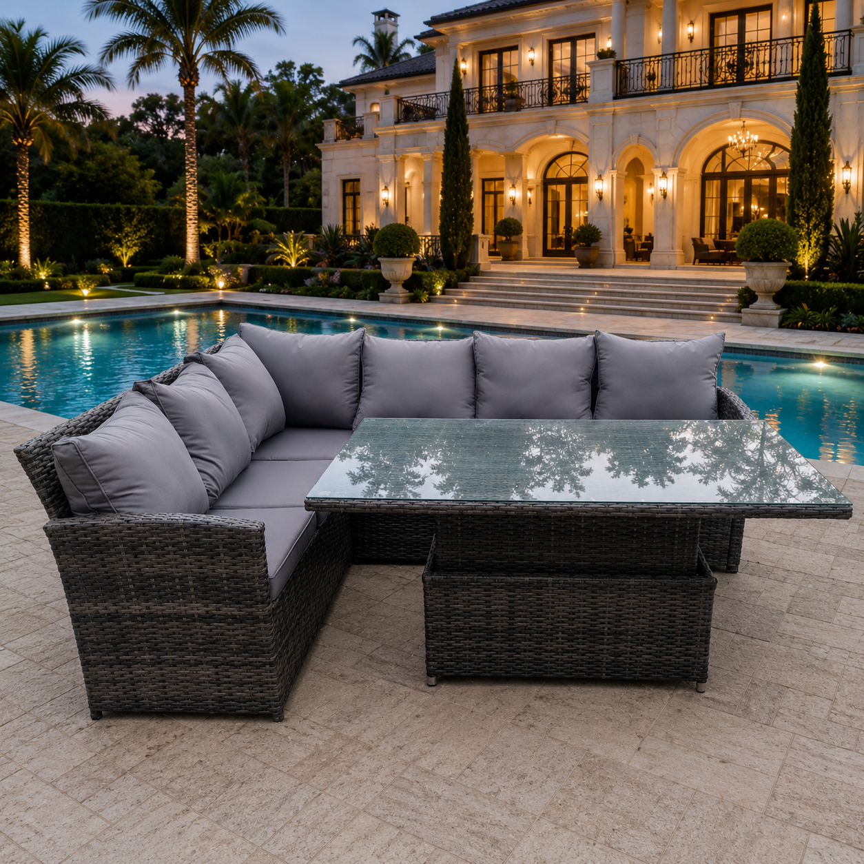 High Back Corner Rattan Garden Furniture 6 seater Sofa Dining Rising Table Height Adjustable