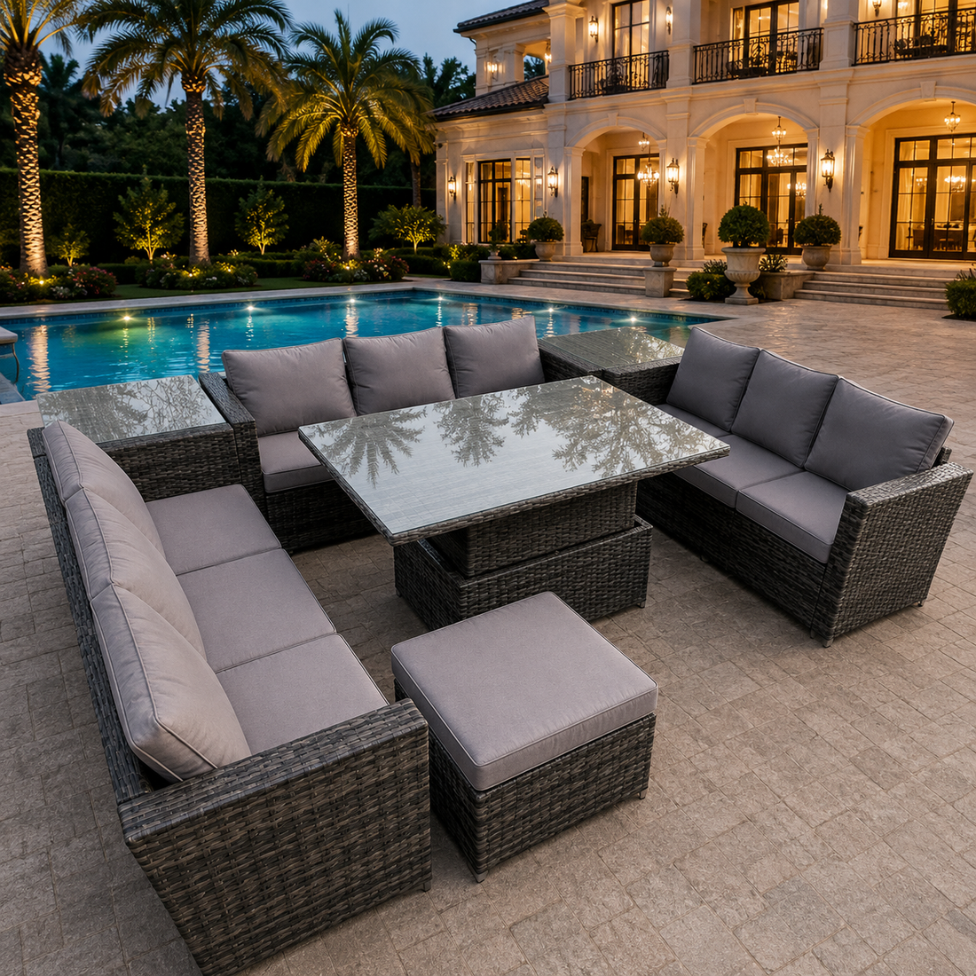 U shape rattan outdoor sofa 10 seater with adjustable dining table