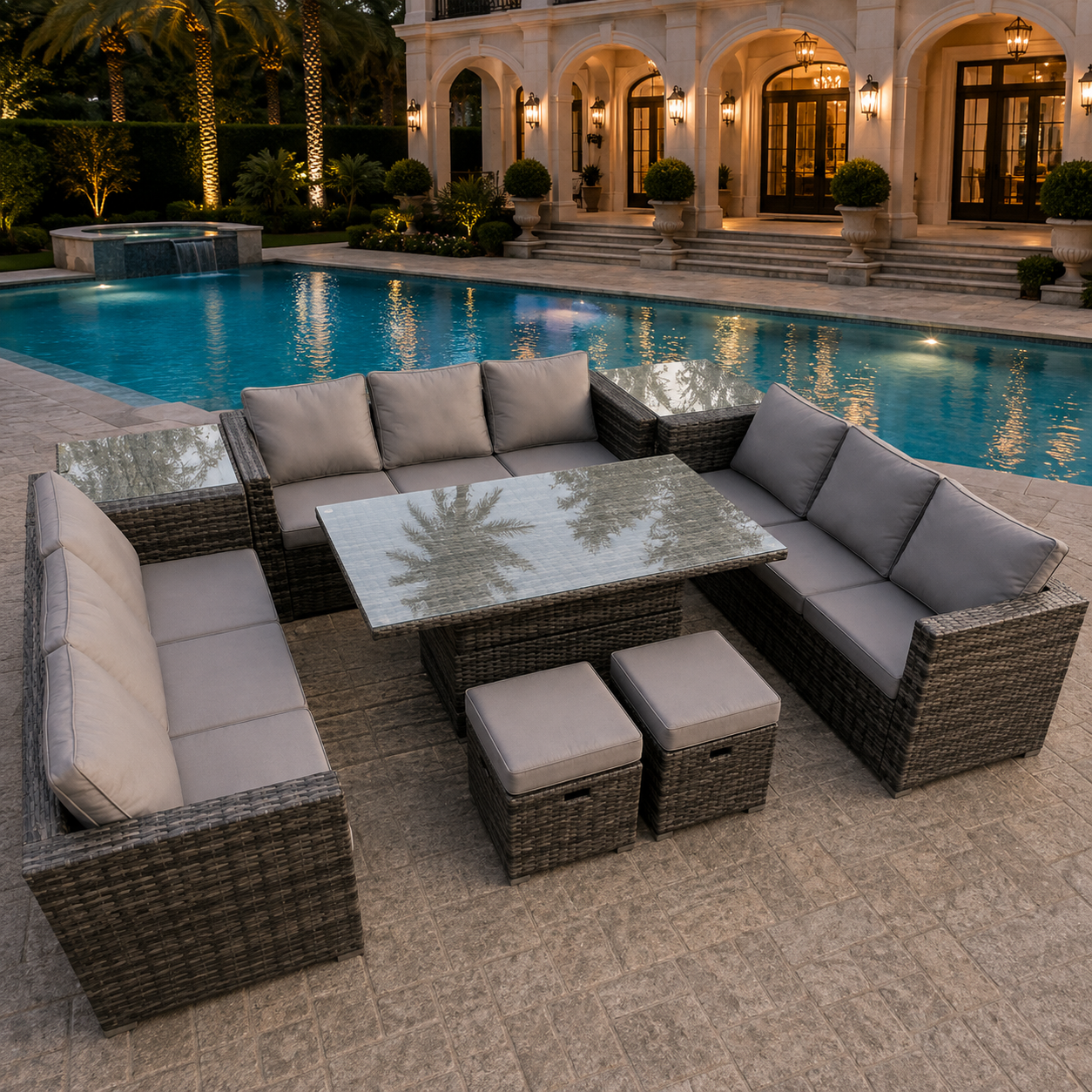U shape rattan outdoor sofa 11 seater with adjustable dining table