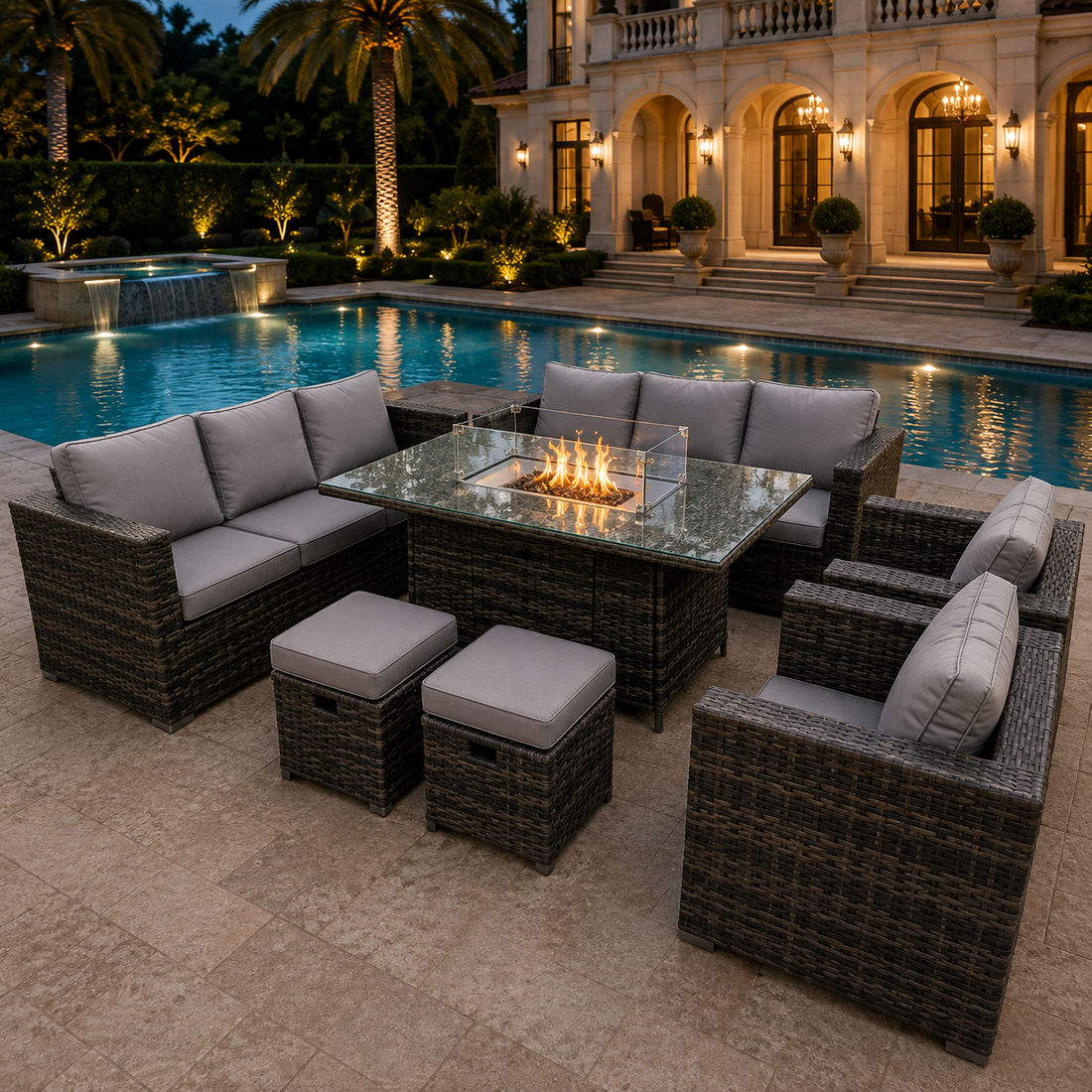 Outdoor Rattan Garden Furniture Gas Fire Pit Table Sets Gas Heater Lounge Chairs Small Footstools Dark Grey 10 seater
