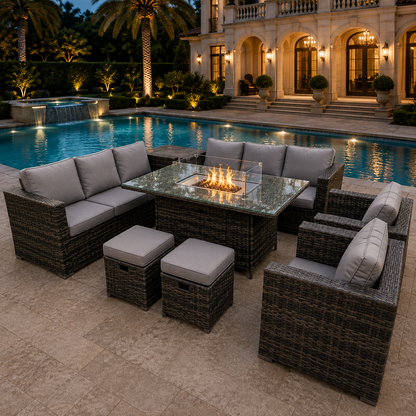 Outdoor Rattan Garden Furniture Gas Fire Pit Table Sets Gas Heater Lounge Chairs Small Footstools Dark Grey 10 seater