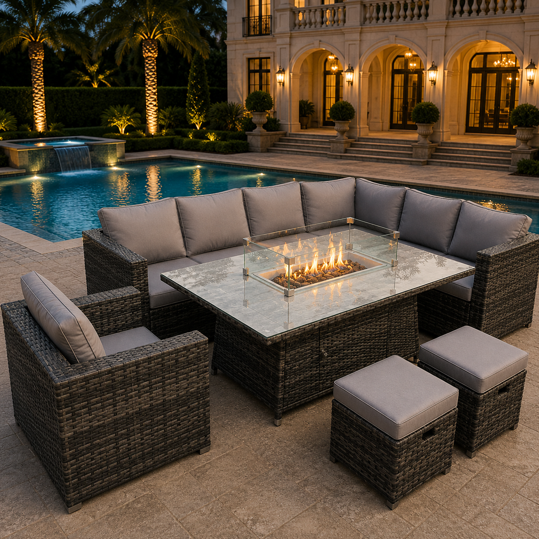9 Seater Outdoor Rattan Garden Furniture Gas Fire Pit Table Sets Gas Heater Lounge Small Footstools Chair Dark Grey Mixe 2 Option
