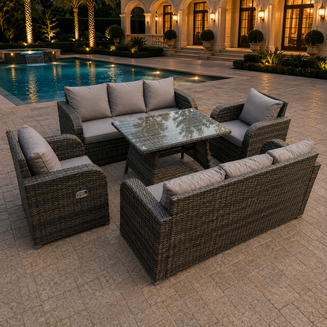 Rattan Garden Furniture Set 8 Seater Wicker Outdoor Lounge Sofa with Cushions Reclining Chair Rectangular Coffee Table Dark Grey Mixed