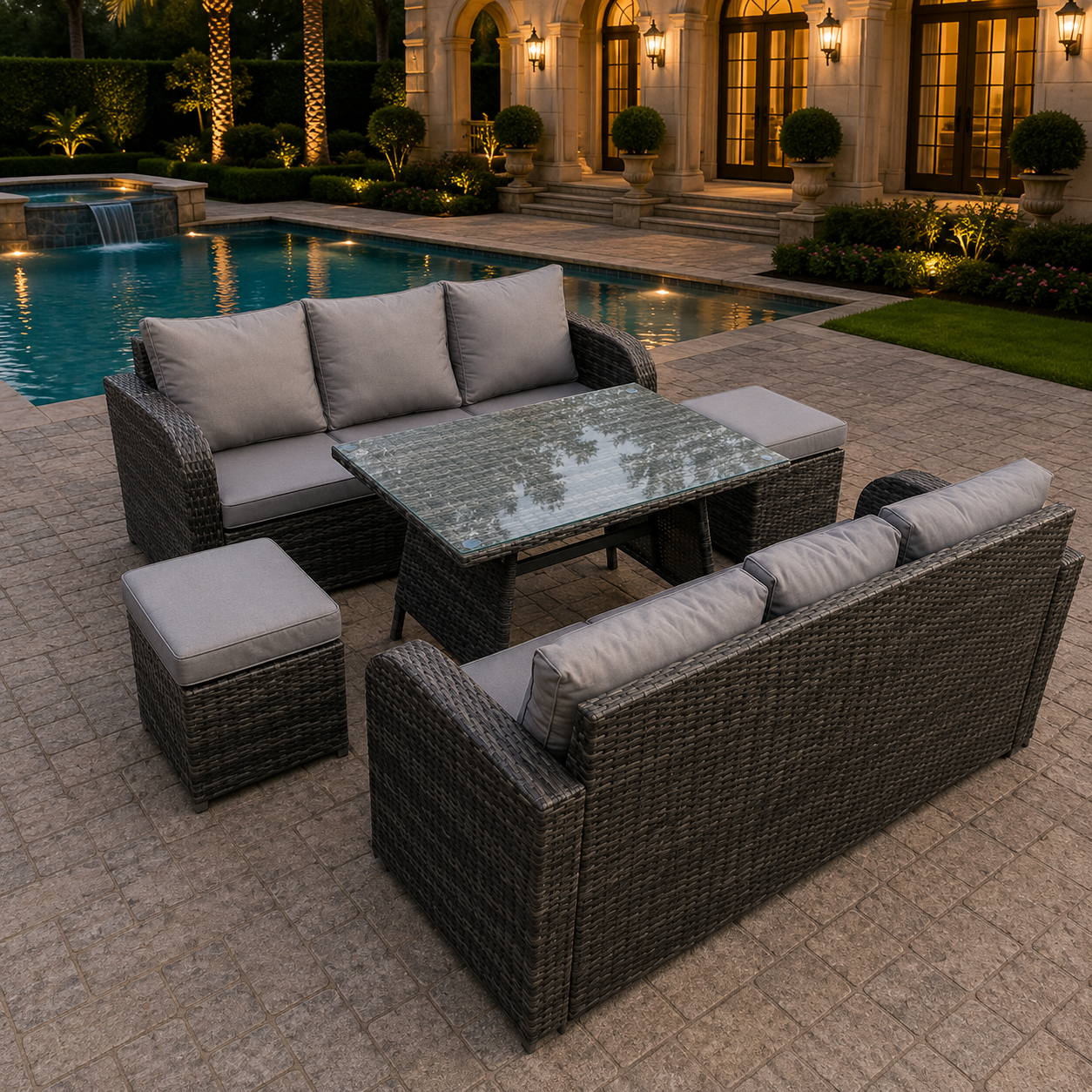 Rattan Garden Furniture Set 8 Seater Outdoor Lounger Polyrattan Sofa with Cushions Footstool Table Bistro Set for Lawn, Patio,Dark Grey Mixed