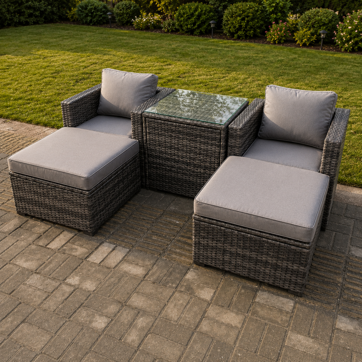 Rattan Sofa Chair Footrest Garden Patio Furniture Set with Coffee Table