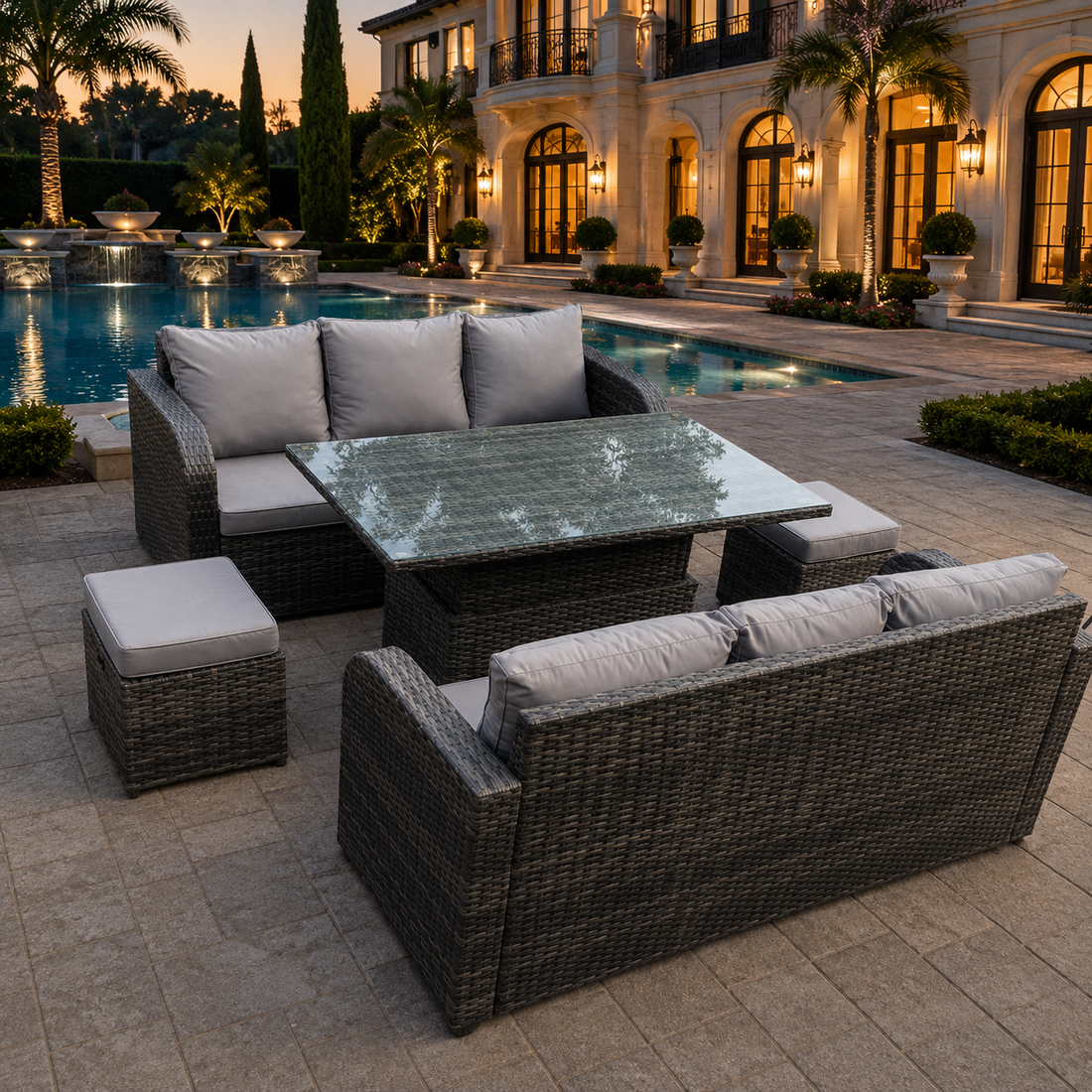 Rattan Garden Furniture Set 8 Seater Outdoor Lounger Sofa Bistro Set with Cushions Footstool Rising Table for Lawn, Patio,Conservatory,Dark Grey Mixed