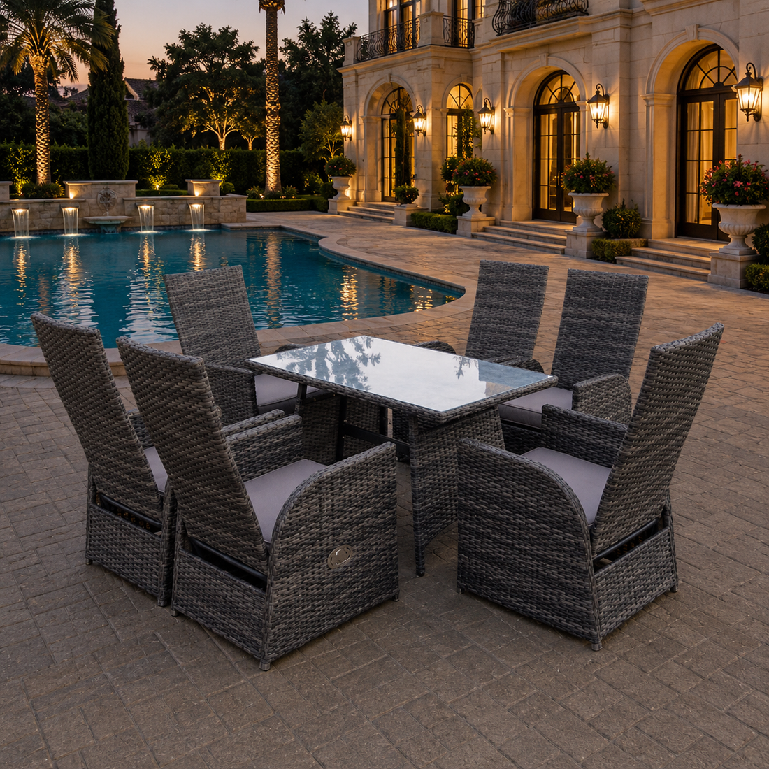 6 seater oblong reclining rattan dining set outdoor garden furniture mixed grey
