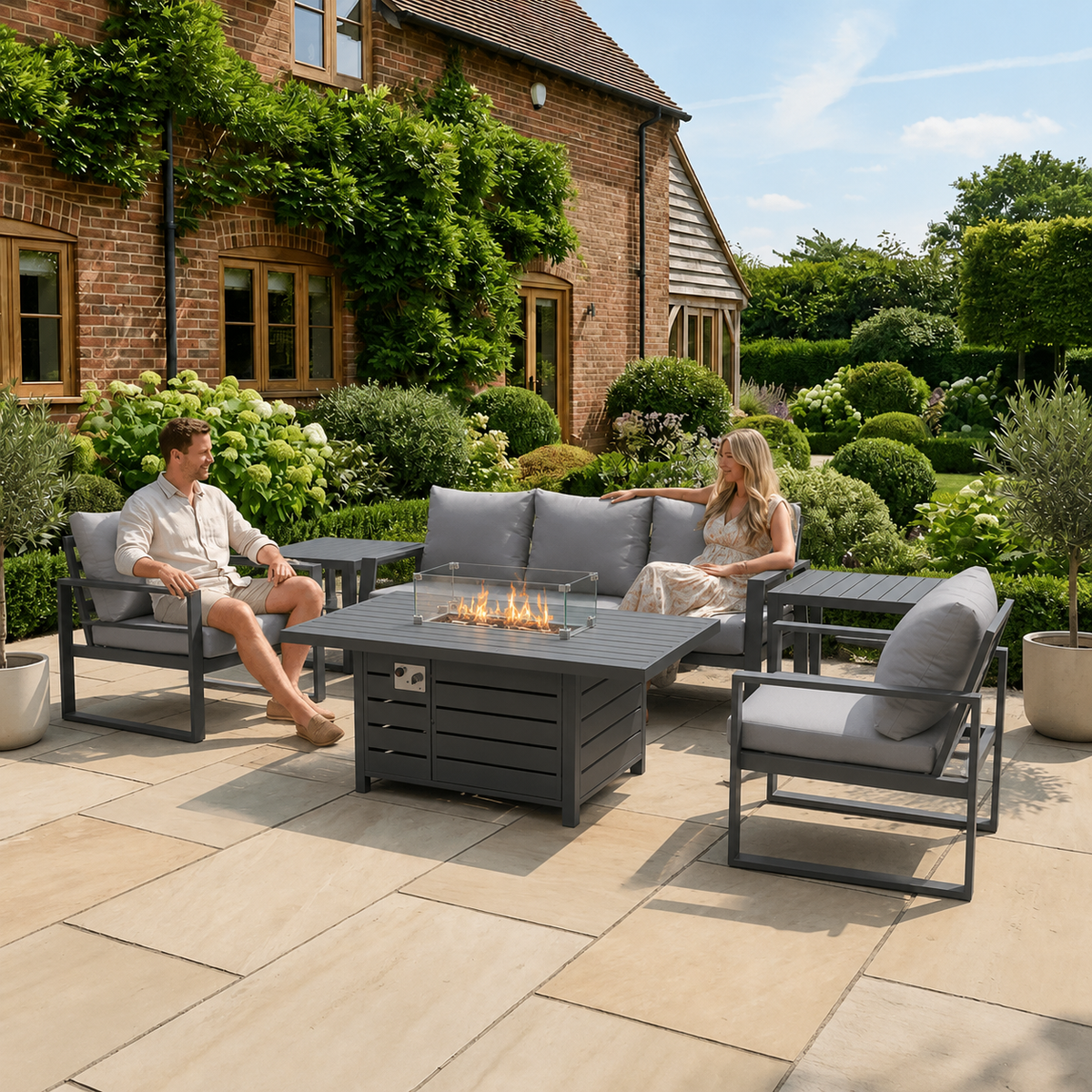 Aluminium Outdoor Garden Furniture Set Gas Fire Pit Dining Table Set Gas Heater Burner with 2 Arm Chair 2 Side Tables Dark Grey 5 Seater