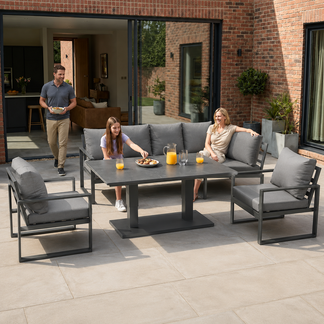 Outdoor Aluminium Garden Furniture Set with Adjustable Rising Lifting Dining Table 3 Seater Sofa 2 Chair Dark Grey