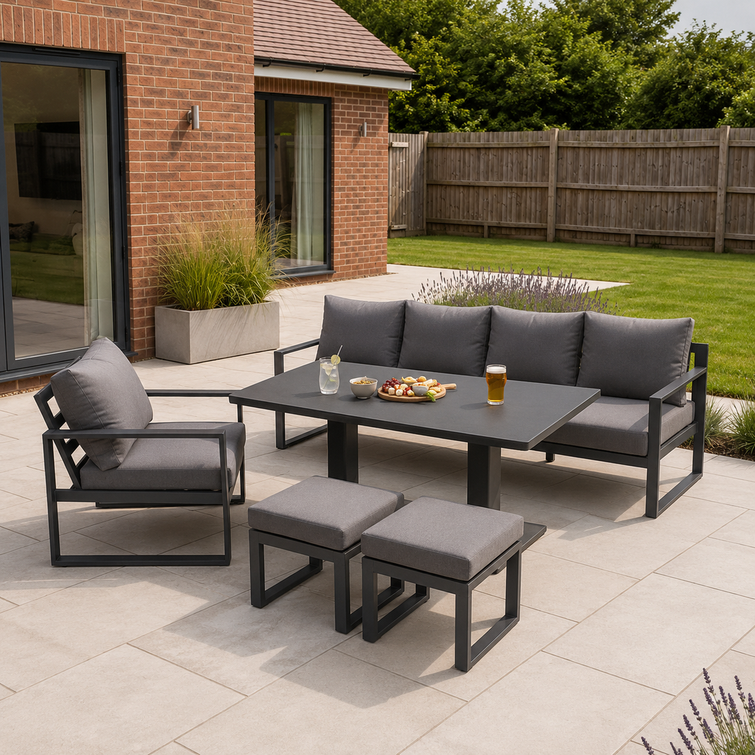 Outdoor Aluminium Garden Furniture Set with Adjustable Rising Lifting Dining Table 3 Seater Sofa Chair 2 Small Footstools Dark Grey