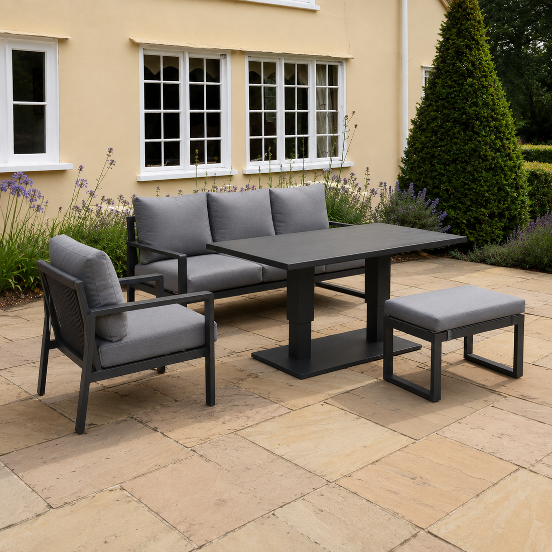 Outdoor Aluminium Garden Furniture Set with Adjustable Rising Lifting Dining Table 3 Seater Sofa Chair Big Footstool Dark Grey