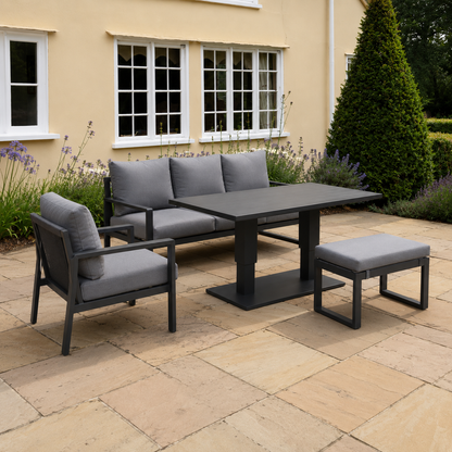 Outdoor Aluminium Garden Furniture Set with Adjustable Rising Lifting Dining Table 3 Seater Sofa Chair Big Footstool Dark Grey