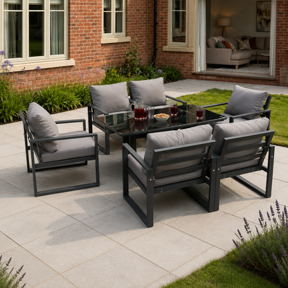Aluminum Garden Furniture Dining Set Adjustable Rising Lifting Table And Chairs Patio Outdoor 6 Seat Black Tempered Glass Dark Grey