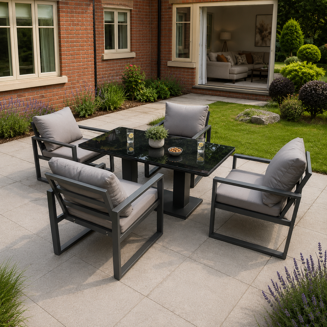 Aluminum Garden Furniture Dining Set Adjustable Rising Lifting Table And Chairs Patio Outdoor 4 Seat Plus Black Tempered Glass Dark Grey