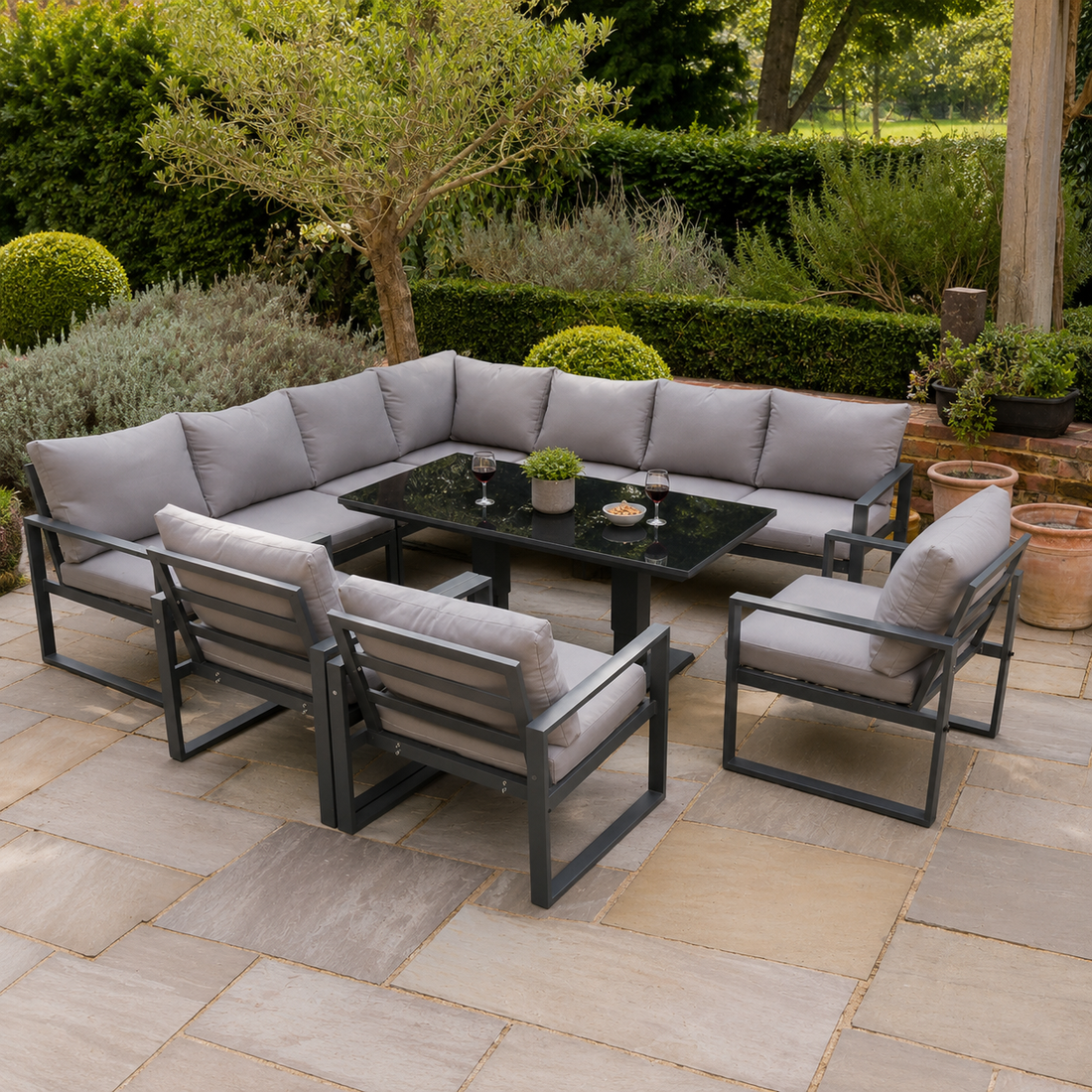 Aluminum Outdoor Garden Furniture Corner Sofa 3 Arm Chair Adjustable Rising Lifting Dining Table Set Dark Grey 10 Seater