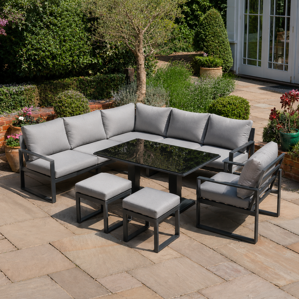Aluminum Outdoor Garden Furniture Corner Sofa Chair 2 PC Stools Adjustable Rising Lifting Dining Table Sets Black Tempered Glass Dark Grey 10 Seater