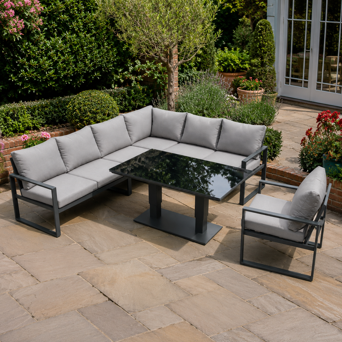 Aluminum Outdoor Garden Furniture Corner Sofa Chair Adjustable Rising Lifting Table Sets Dark Grey 8 Seater