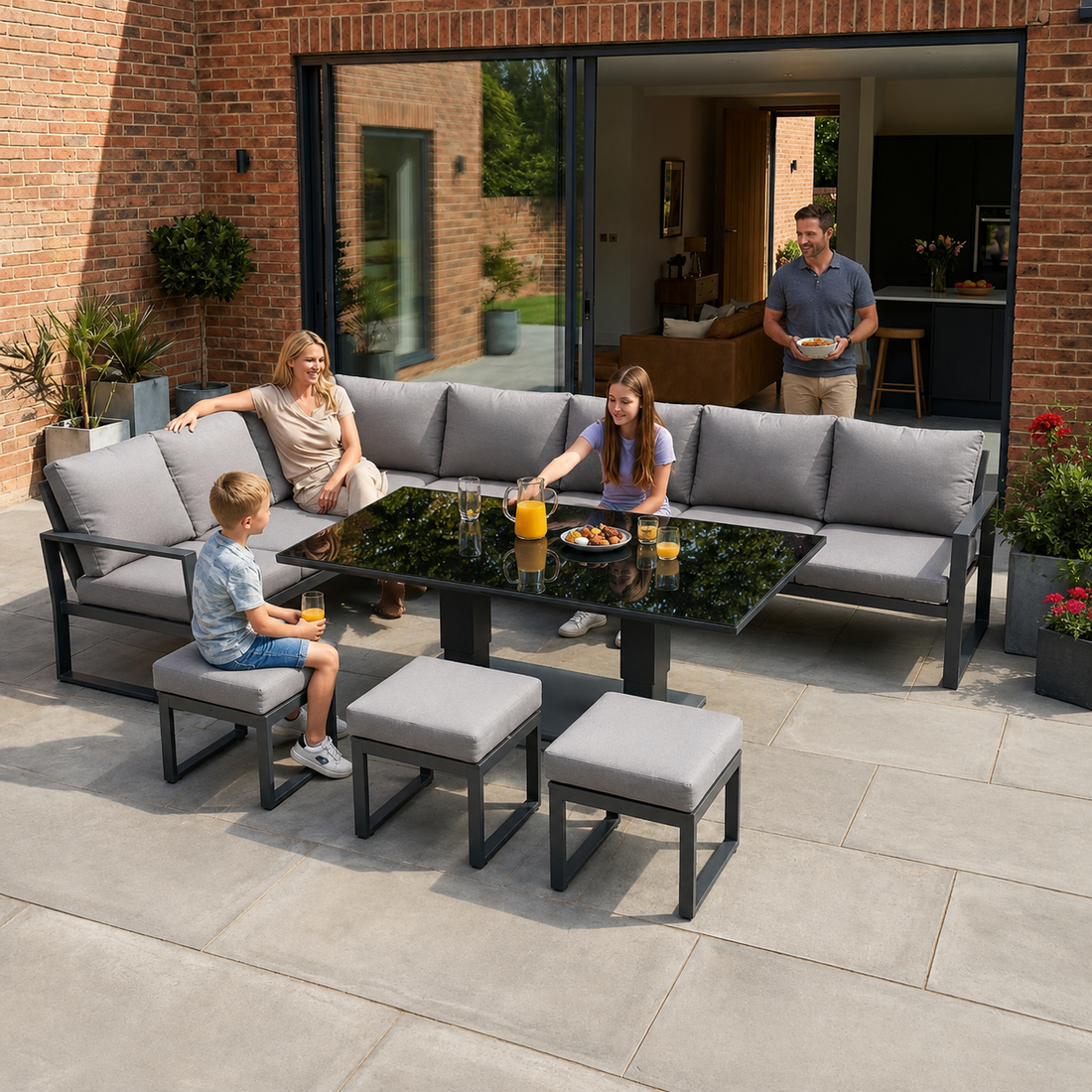 Aluminum Outdoor Garden Furniture Corner Sofa Adjustable Rising Lifting Dining Table Sets Black Tempered Dark Grey 9 Seater