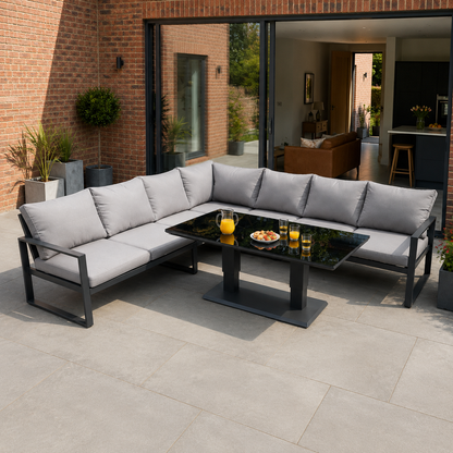 Aluminum Outdoor Garden Furniture Corner Sofa Adjustable Rising Lifting Dining Table Sets Black Tempered Glass Dark Grey 7 Seater