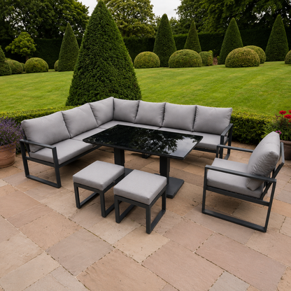 Aluminum Outdoor Garden Furniture Corner Sofa Chair Footstools Adjustable Rising Lifting Dining Table Sets Dark Grey Black Tempered Glass 9 Seater
