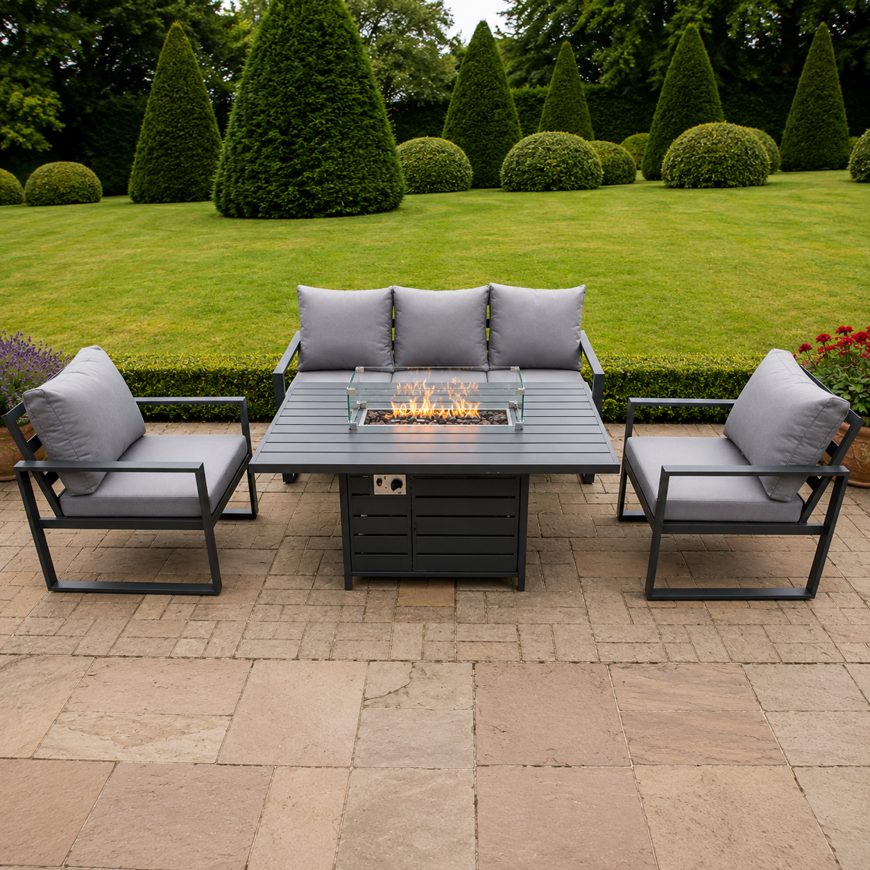 Aluminium Outdoor Garden Furniture Set Gas Fire Pit Dining Table Set Gas Heater Burner with 2 Arm Chair Dark Grey 5 Seater