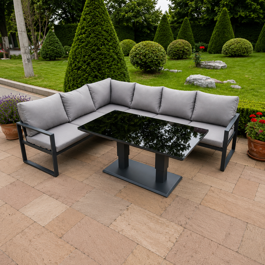 Aluminum Outdoor Garden Furniture Corner Sofa Adjustable Rising Lifting Dining Table Sets Dark Grey Black Tempered Glass 6 Seater