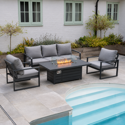 Aluminium Outdoor Garden Furniture Set Gas Fire Pit Dining Table Set Gas Heater Burner with 2 Arm Chair Dark Grey 5 Seater