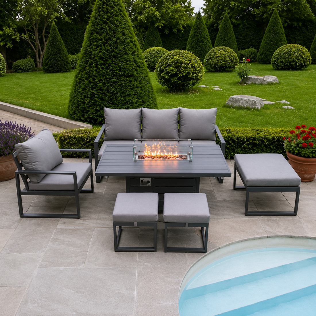 Aluminium Outdoor Garden Furniture Set Gas Fire Pit Dining Table Set Gas Heater Burner with 3 Footstools Dark Grey 7 Seater