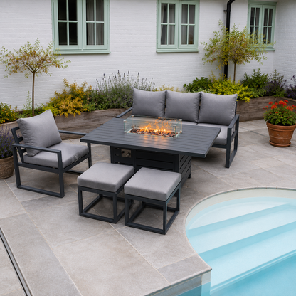 Aluminium Outdoor Garden Furniture Set Gas Fire Pit Dining Table Set Gas Heater Burner with 2 Small Footstools Dark Grey 6 Seater