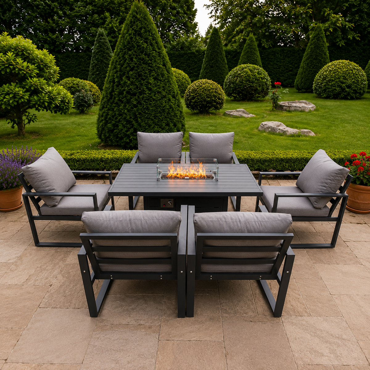 Aluminum Top 6 Seat Garden Furniture Dining Set Gas Fire Pit Table And Chairs Burner Heater Patio Outdoor Dark Grey