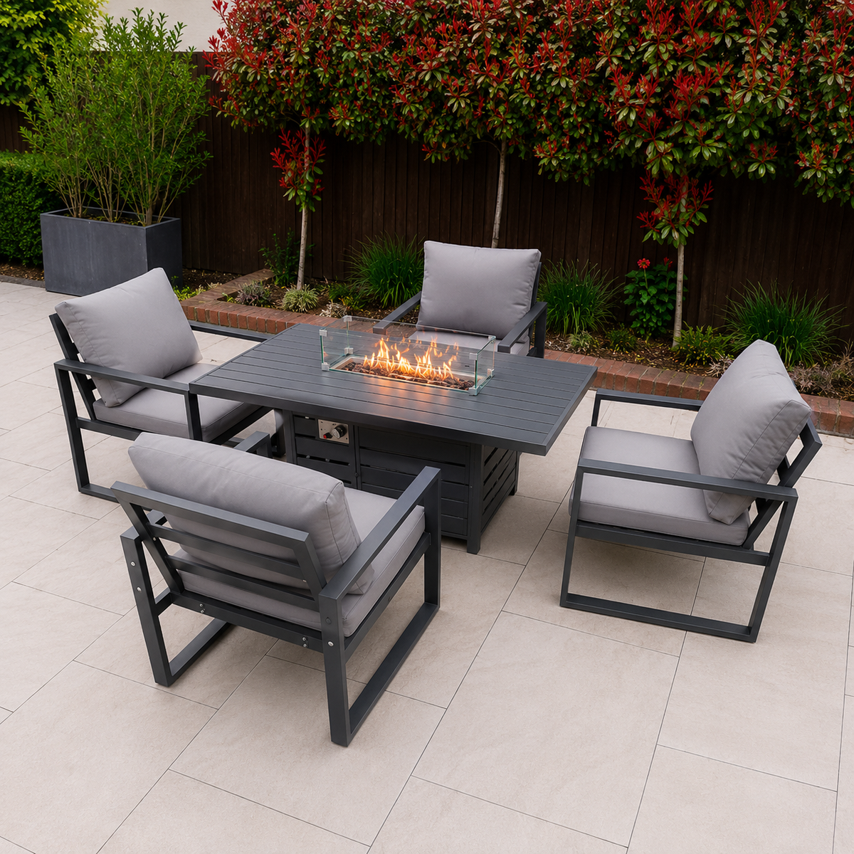 Aluminum Top 4 Seat Garden Furniture Dining Set Gas Fire Pit Table And Chairs Burner Heater Patio Outdoor Dark Grey