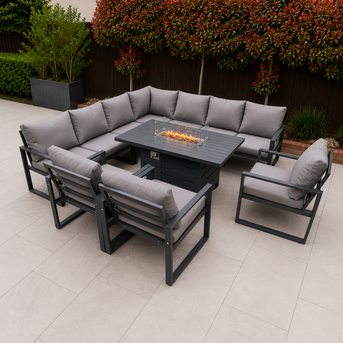 Aluminum Outdoor Garden Furniture Corner Sofa 3 PC Chairs Gas Fire Pit Dining Table Sets Gas Heater Burner Dark Grey 10 Seater